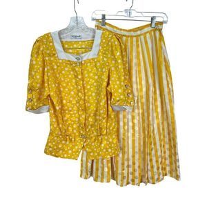 VTG Lutz Teutloff West Germany White Yellow Polka Dot Striped Blouse Skirt 36/8